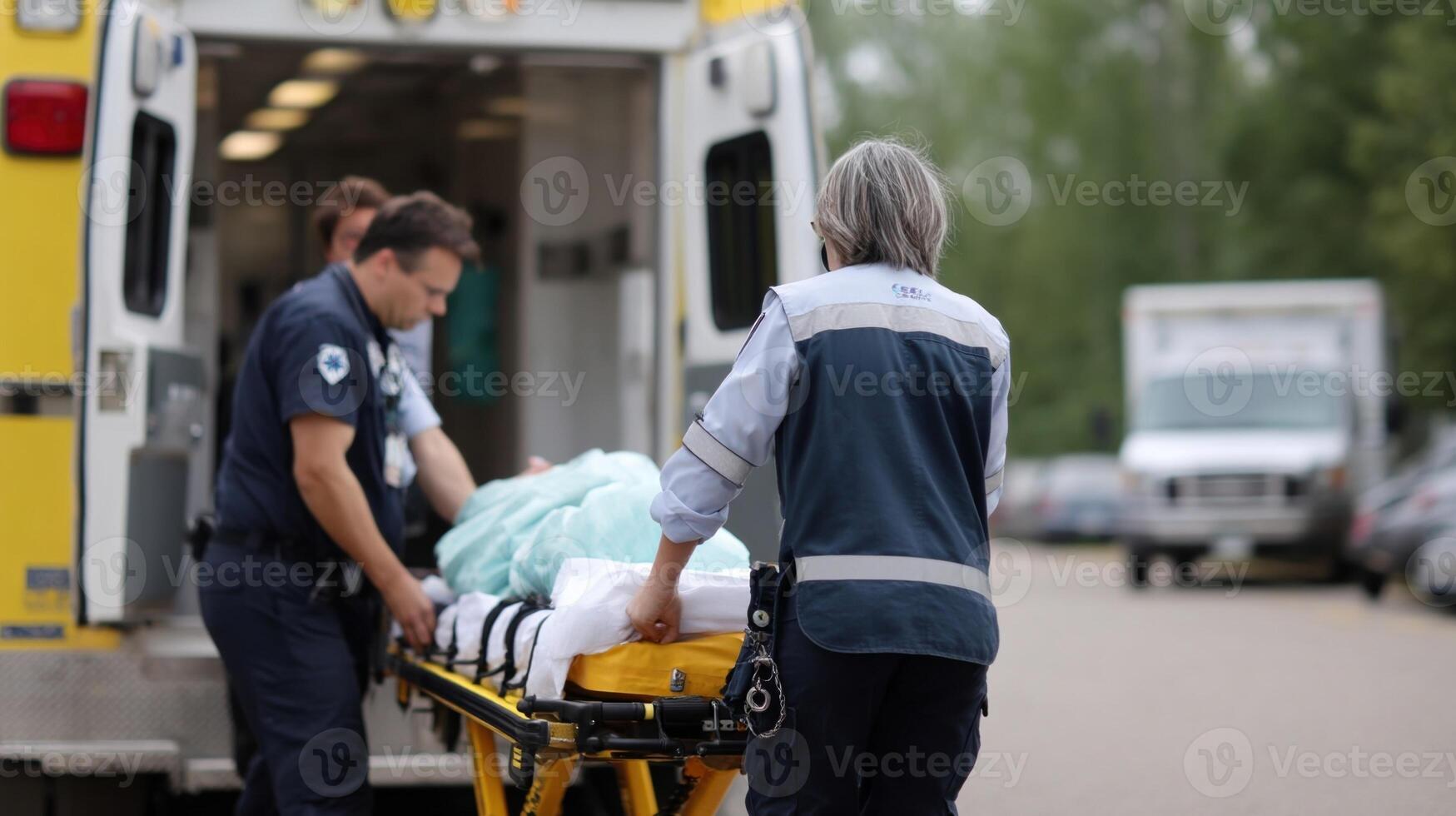 Paramedics unloading patient from ambulance on stretcher photo