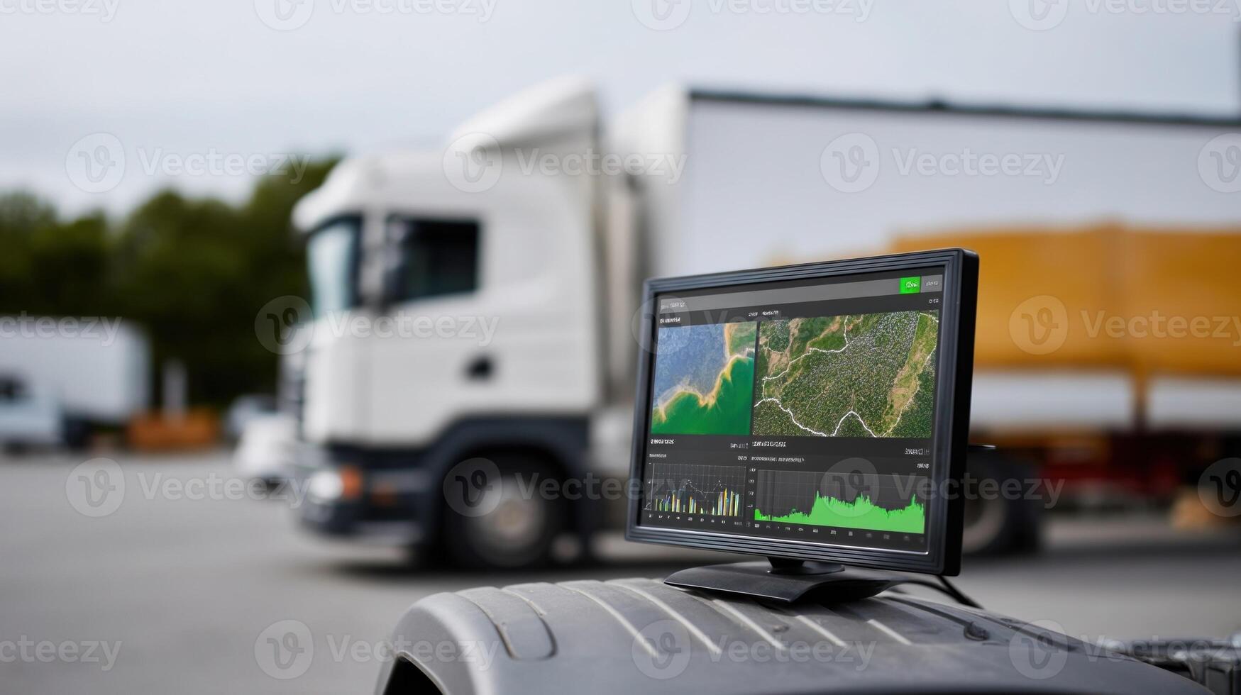 Closeup of a digital screen on a parked truck displaying realtime data analytics showcasing AGI algorithms calculating the ideal quantity of organic produce to minimize waste and maximiz photo
