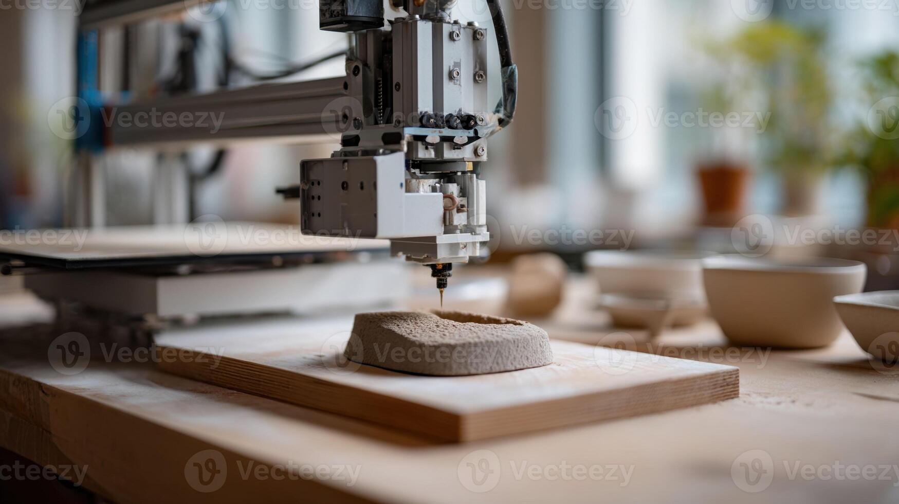 Modern pottery making with a cnc machine shaping clay photo