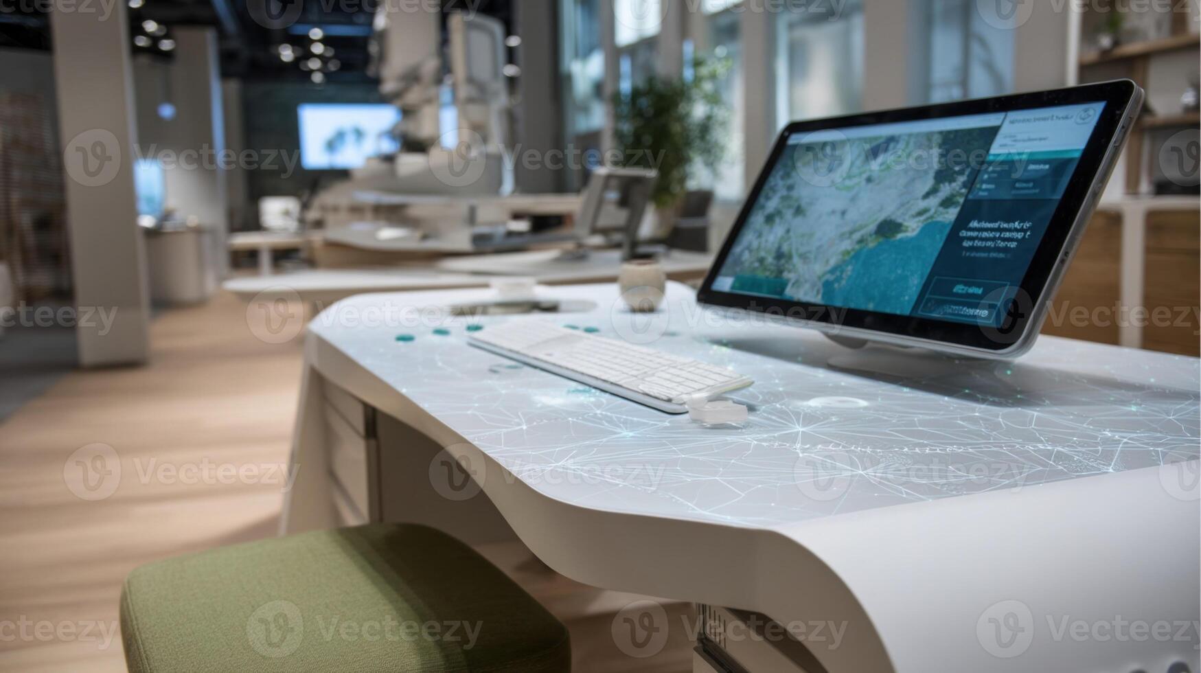 The workspace features a futuristic ergonomic desk that dynamically adjusts its configuration based on individual user scans highlighting areas of tension and recommending modification photo