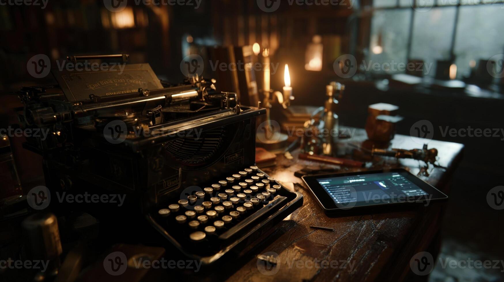 An antique workbench cluttered with resurrected inventions like a mechanical typewriter integrated with a modern touchscreen showcasing a blend of nostalgic design and contemporar photo