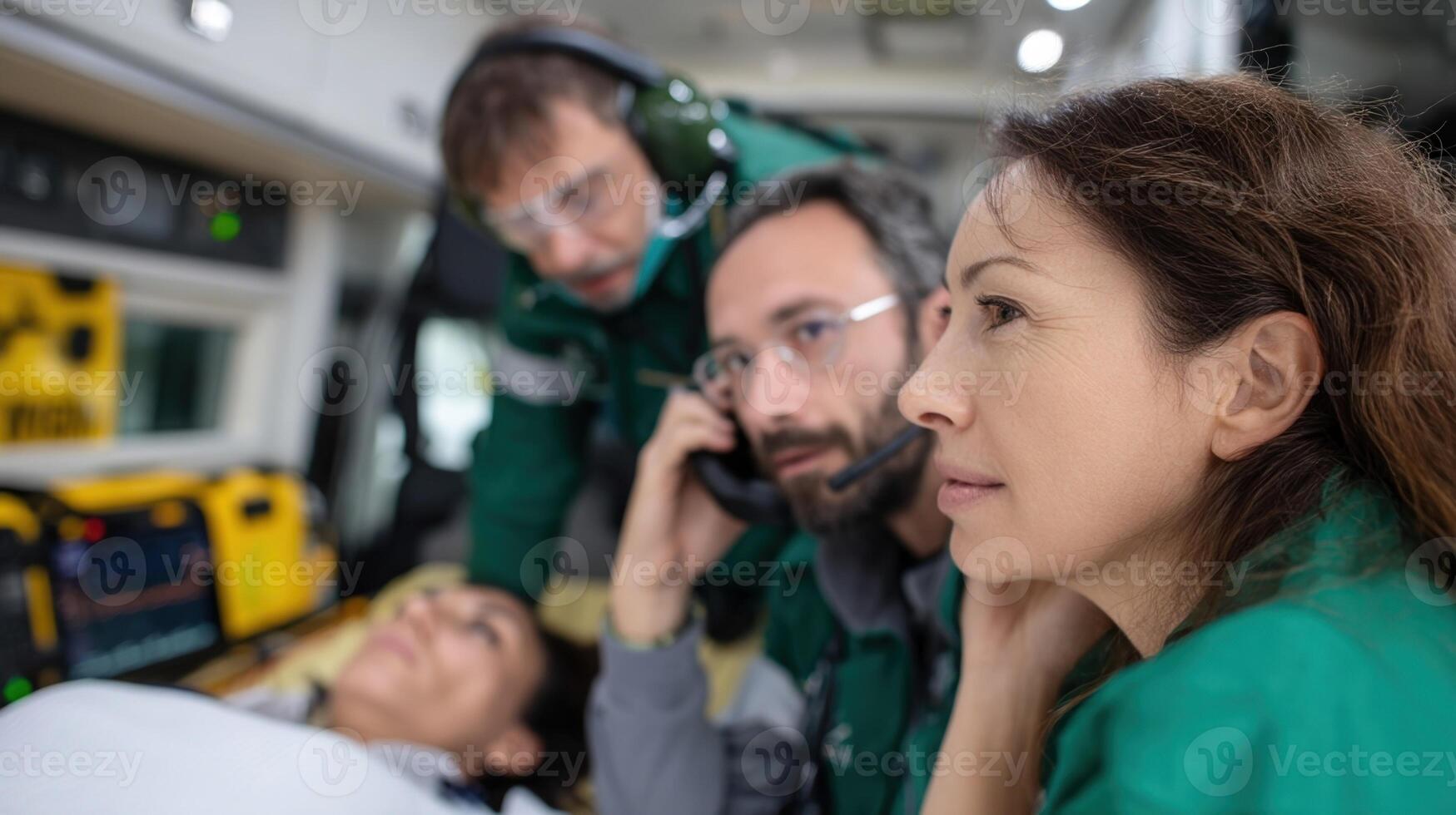 A paramedic team working on a patient lying on a stretcher in an ambulance using medical equipment and communicating swiftly photo
