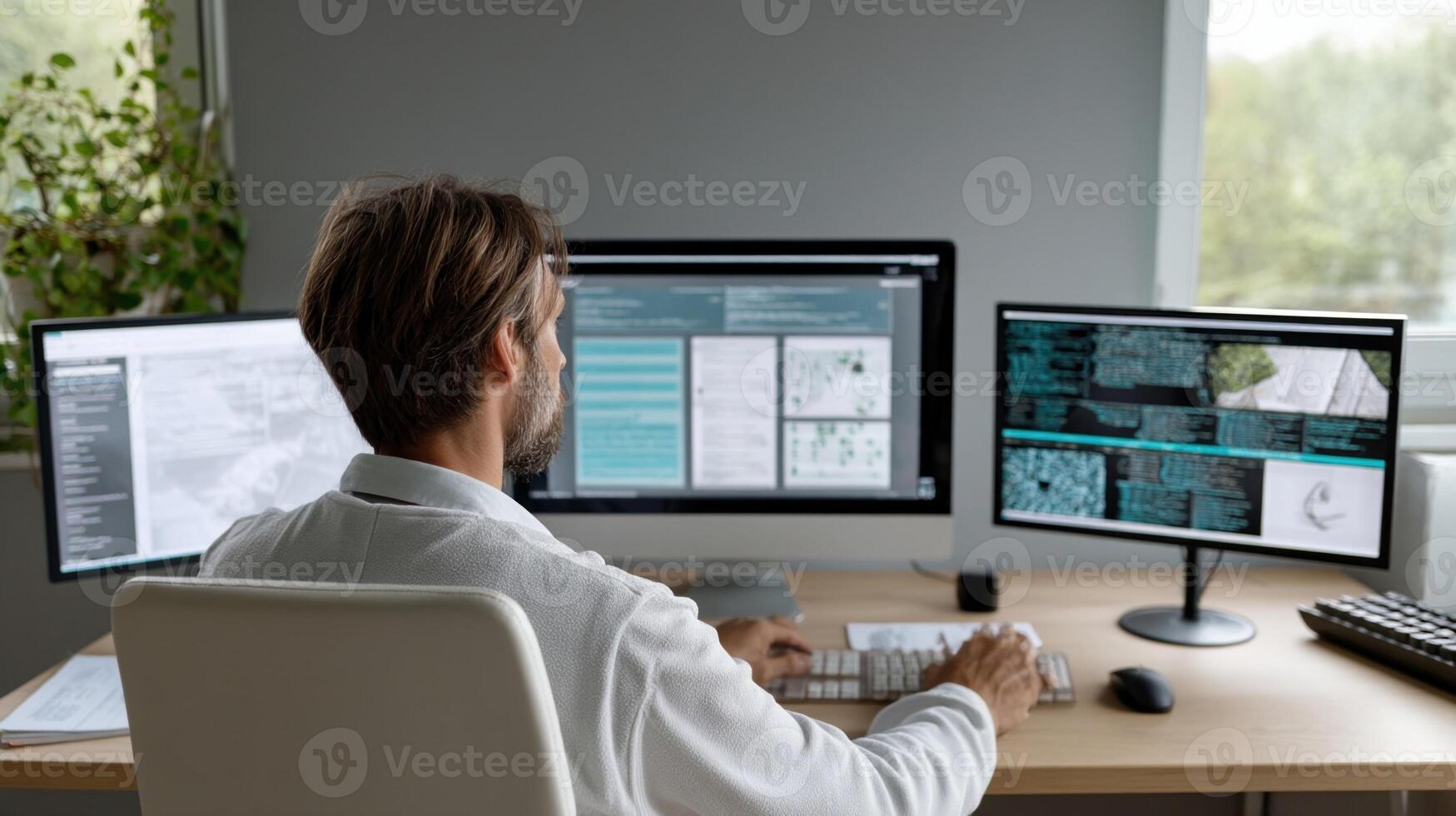 A cybersecurity expert monitoring a digital banking systems security protocols with multiple screens showing alerts and data encryption measures to protect user information photo