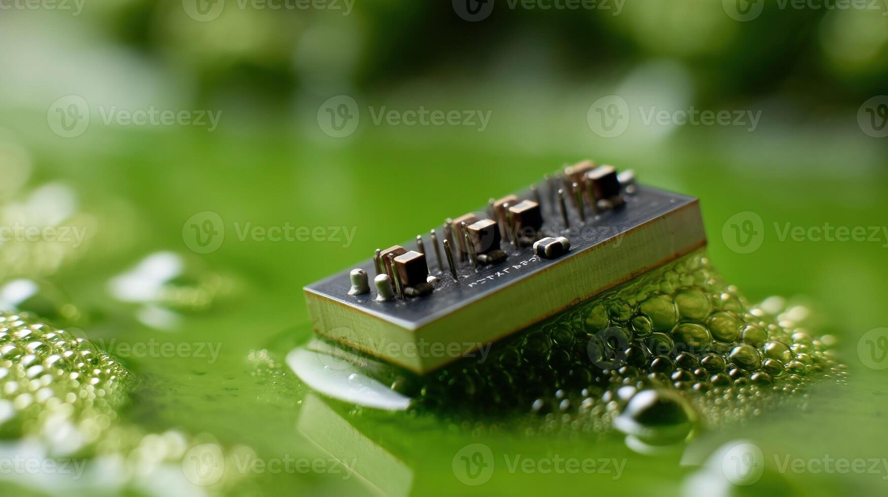 A detailed shot of the AI accelerator chip partially submerged in a vibrant green fluorocarbon bath showcasing the contrast between the metallic surfaces of the chip and the brigh photo