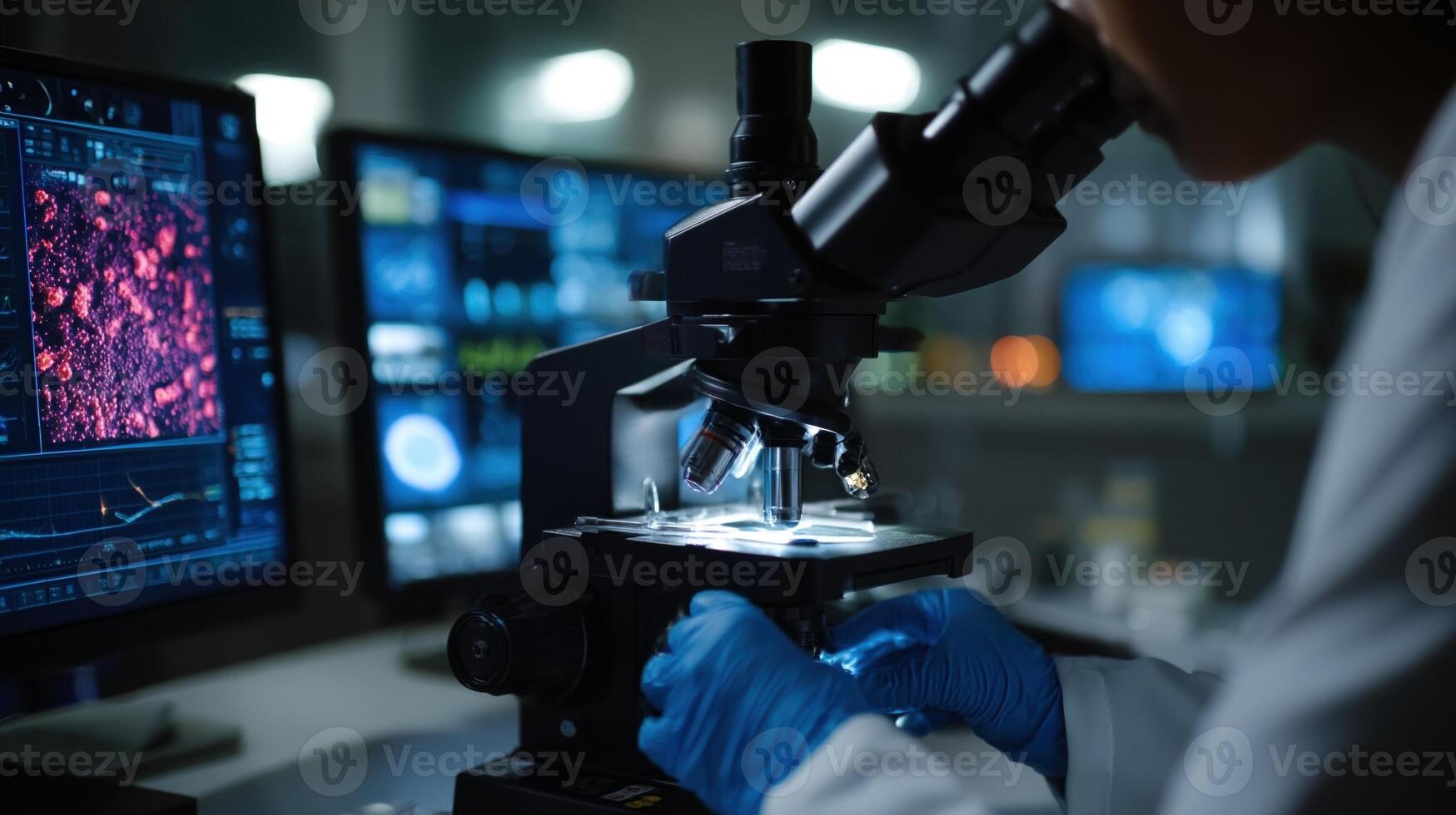 At a lab workstation a researcher inspects a microscope slide peering closely at vibrant bacteria swirling in a dynamic dance. Gloved hands delicately adjust dials enhancing clarity photo