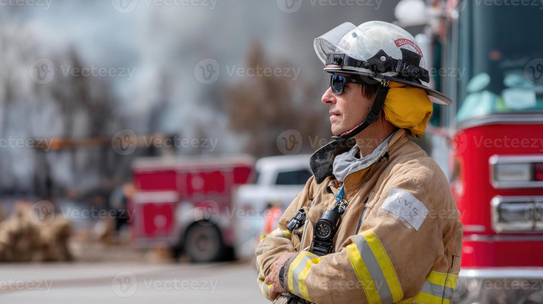 A firefighter in full gear standing next to a fire truck with hoses and equipment ready for action in the backdrop of a blazing structure photo