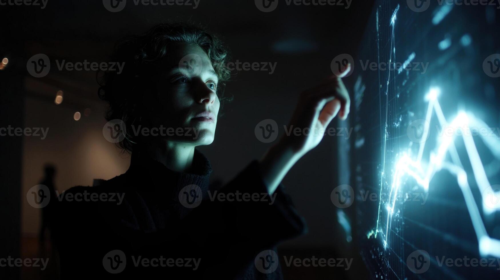 A person interacts with a floating interface where visual data graphs project the probability of various alternate histories illustrating the interconnectedness of decisions and thei photo