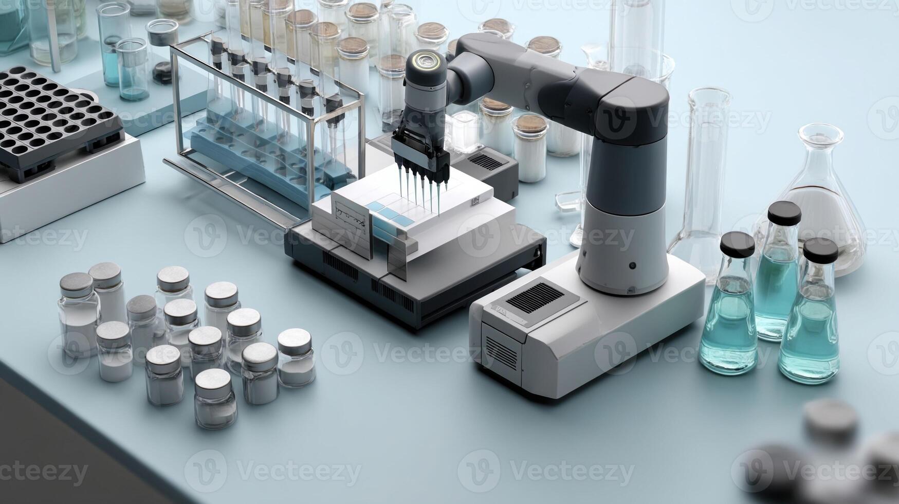 A side perspective shows the lab robot in the middle of a multistep pipetting protocol surrounded by an organized array of glassware and reagents illustrating its role in streamlinin photo