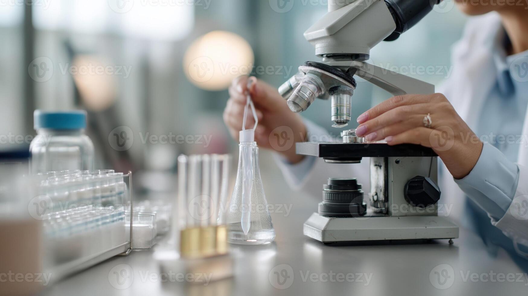 A laboratory setting with a scientist in a lab coat conducting experiments with test tubes and a microscope focusing on medical research photo