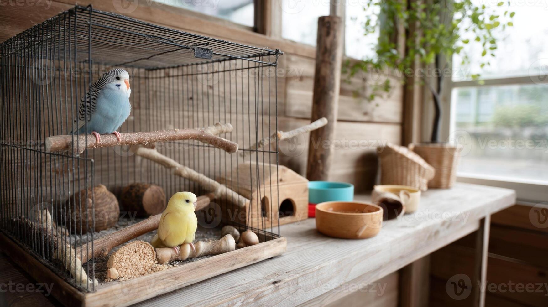 An indoor pet habitat featuring a spacious birdcage with colorful parakeets perched on wooden branches surrounded by various toys and food dishes photo