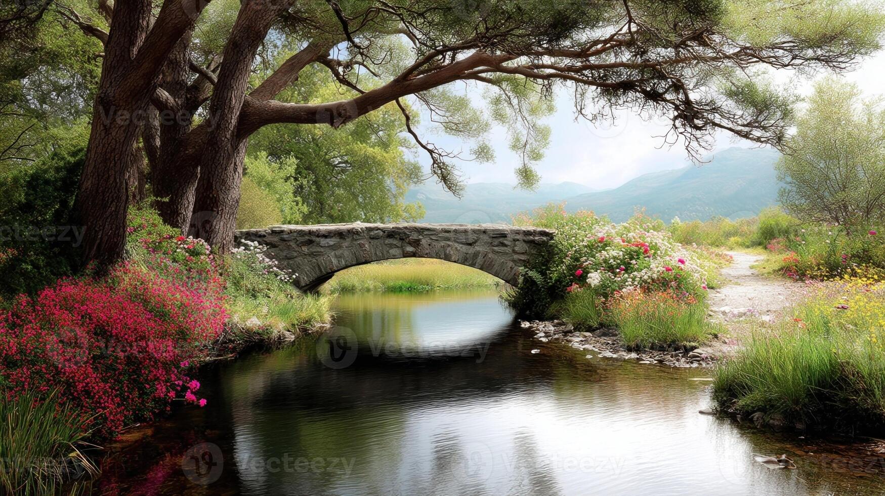A quaint stone bridge arching over a gentle river lined with vibrant flowers and flanked by ancient trees embodying tranquility and harmony with nature photo
