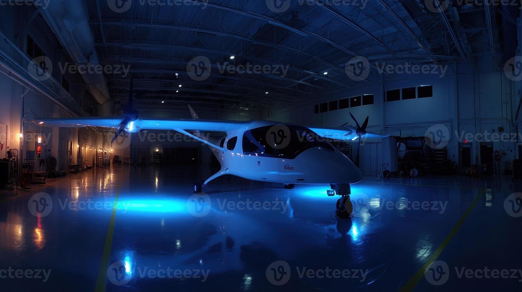 A panoramic shot of an eVTOL pit where an AGI system analyzes flight schedules and passenger profiles modifying cabin lighting intensity and color based on scientific research on jetla photo