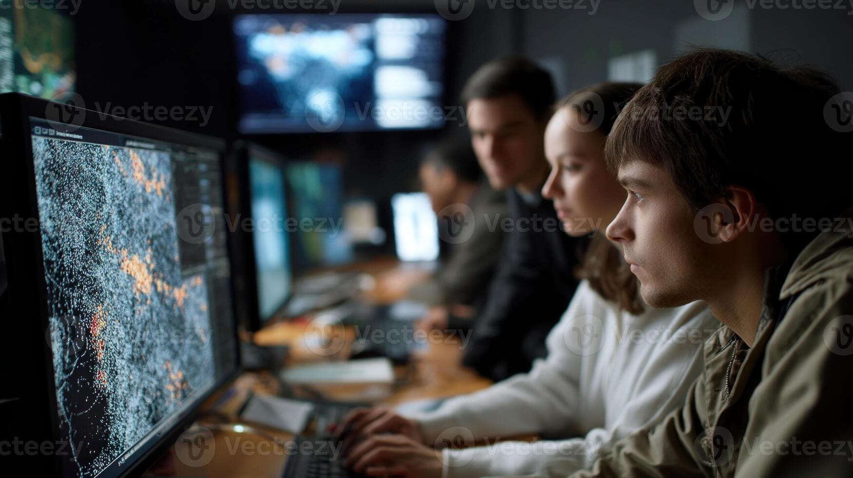Government agency surveillance team working on computers in system control room photo