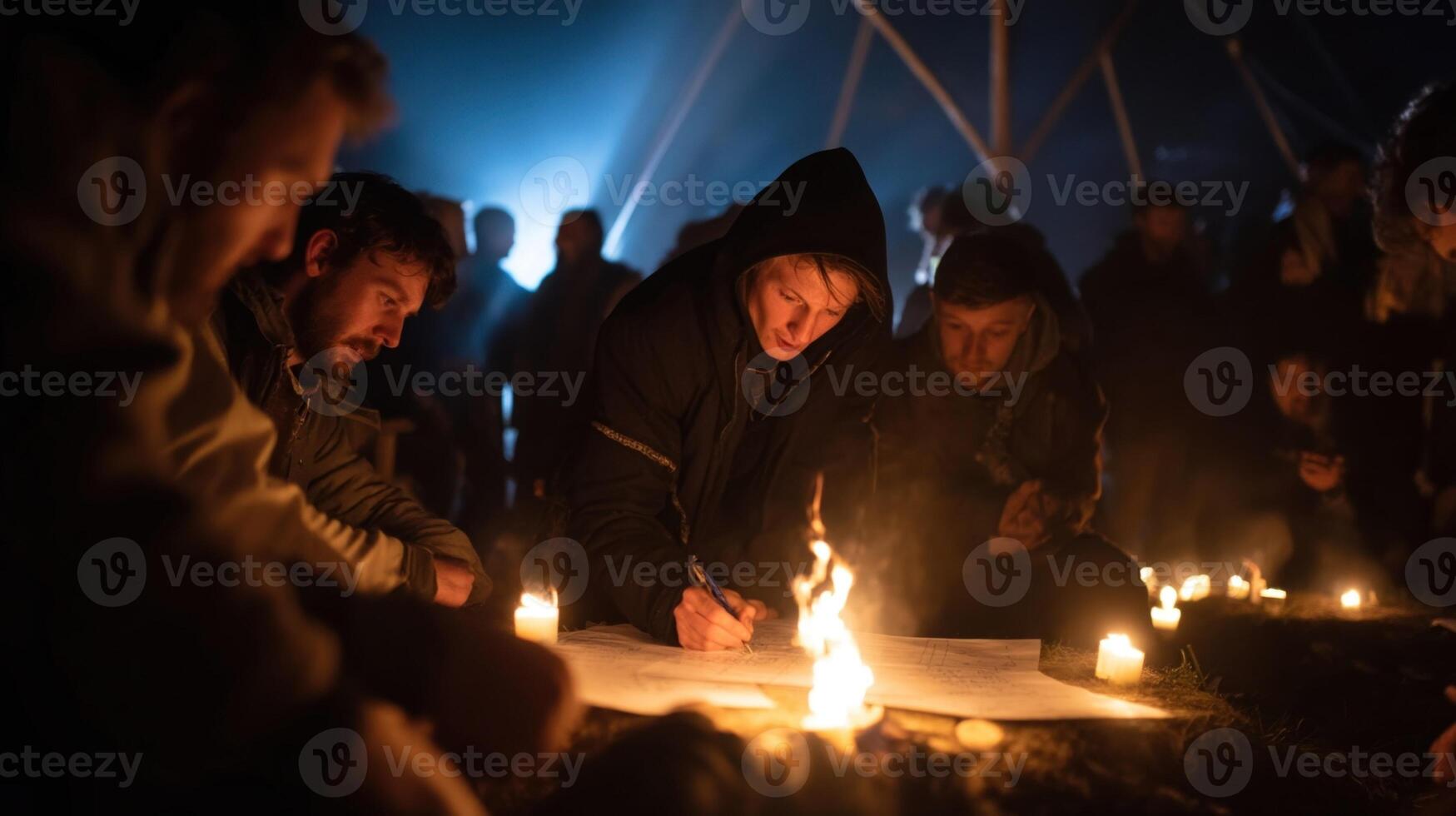 Underneath a vast starlit sky a gathering of thinkers exchange passionate conversations around a crackling fire. Flickering flames illuminate their faces while sketches of models an photo