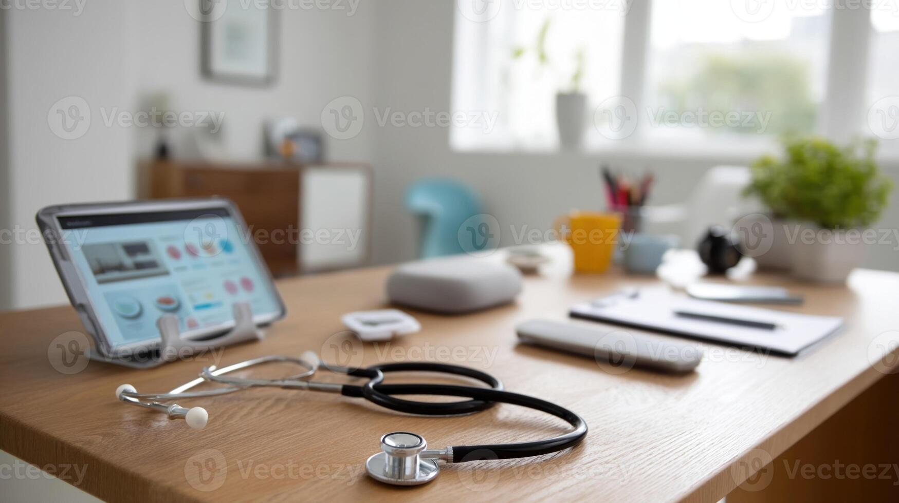 An array of medical devices and digital tools p on a modern desk including a tablet displaying a virtual health app a stethoscope and a digital thermometer photo