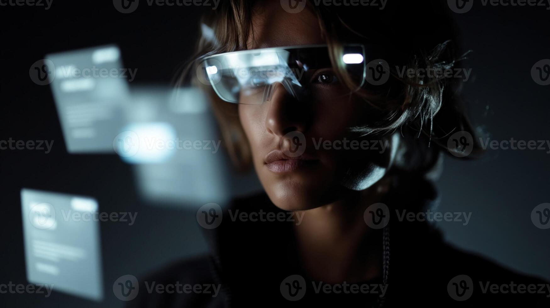 A futuristic scene showing a person wearing augmented reality glasses surrounded by floating icons displaying retrieved notes that seamlessly integrate with their field of vision a photo