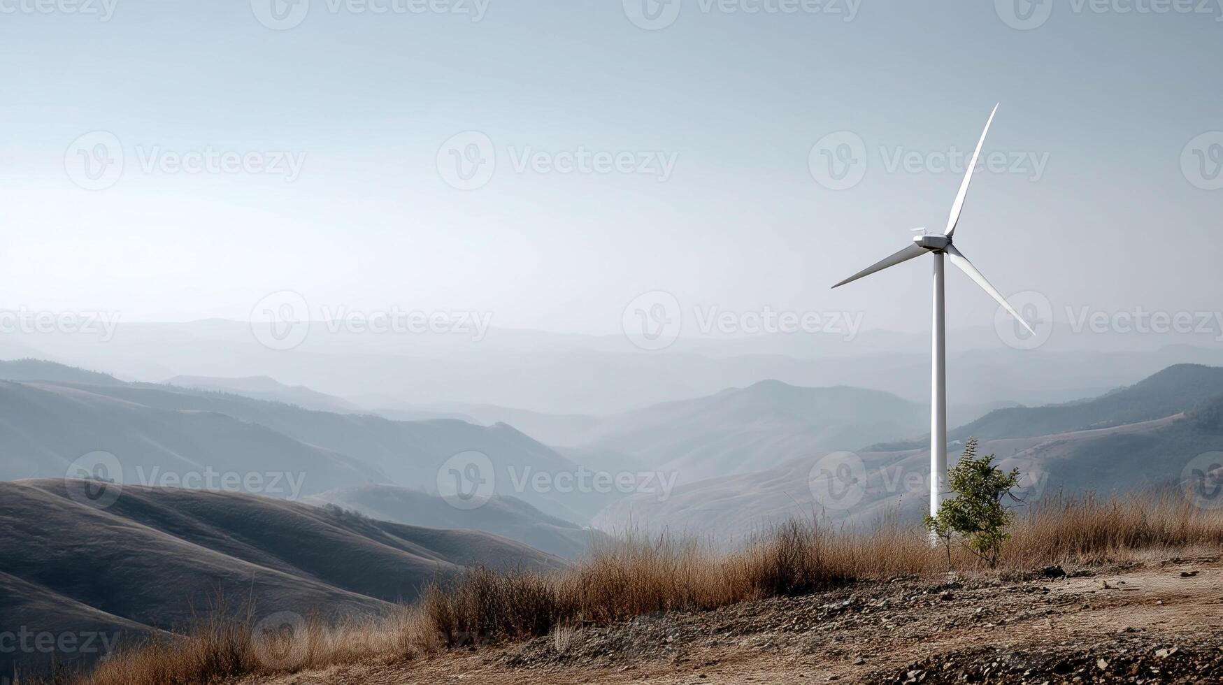 A tall wind turbine standing majestically on a hilltop its blades slowly rotating in the gentle breeze symbolizing the power of wind energy generation photo