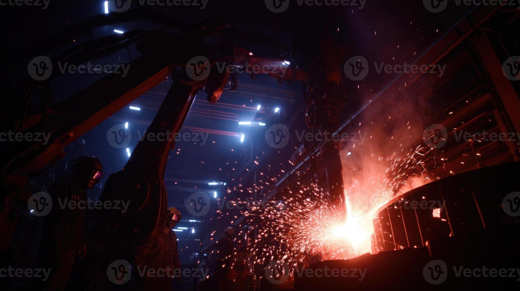 A dynamic scene of the foundry with sparks flying as a robotic welder assembles components from smelted nickeliron demonstrating the integration of AGI in fabricating advanced structure photo