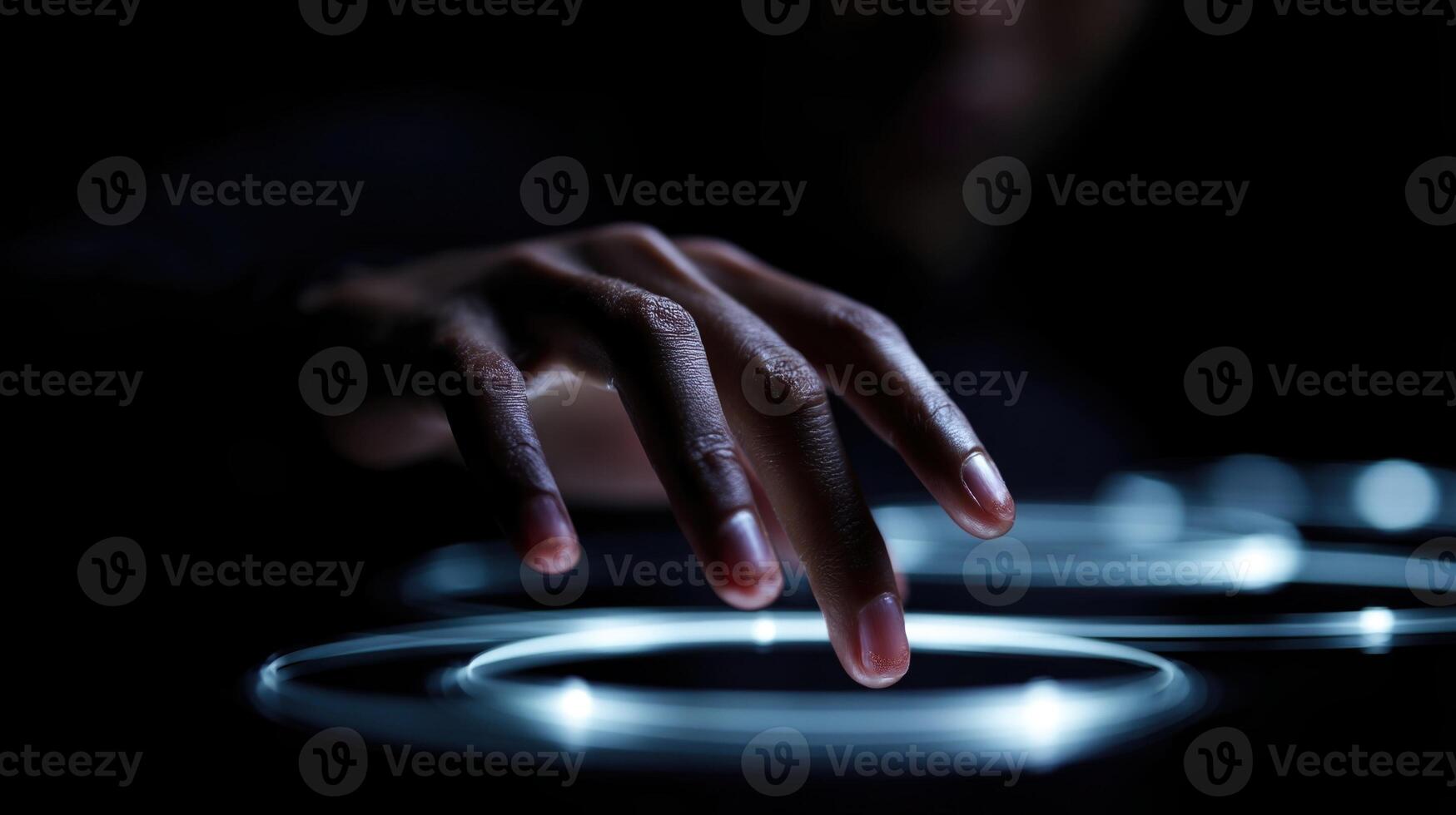 An action shot of a hand expertly navigating through a series of holographic rings with data streams flowing in and out emphasizing the seamless interaction between human intelligenc photo