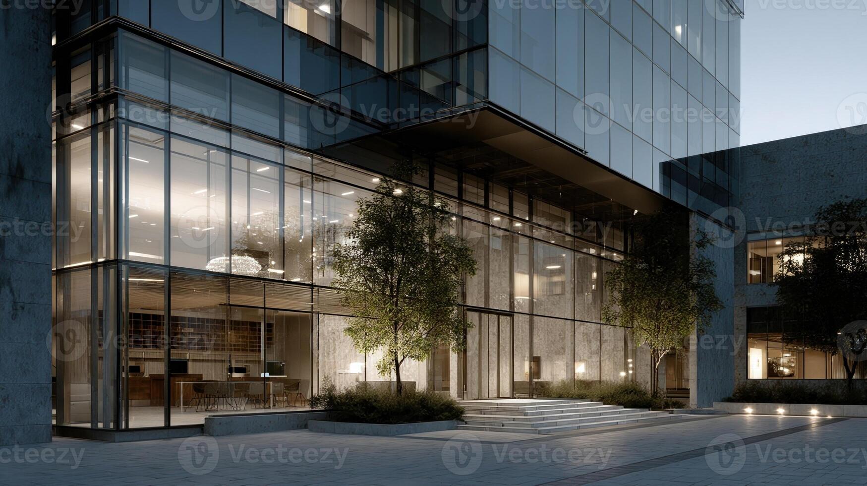 An architectural rendering highlighting a smart buildings facade where the smart windows are in various shades of translucent darkness illustrating how they adapt their tint to th photo