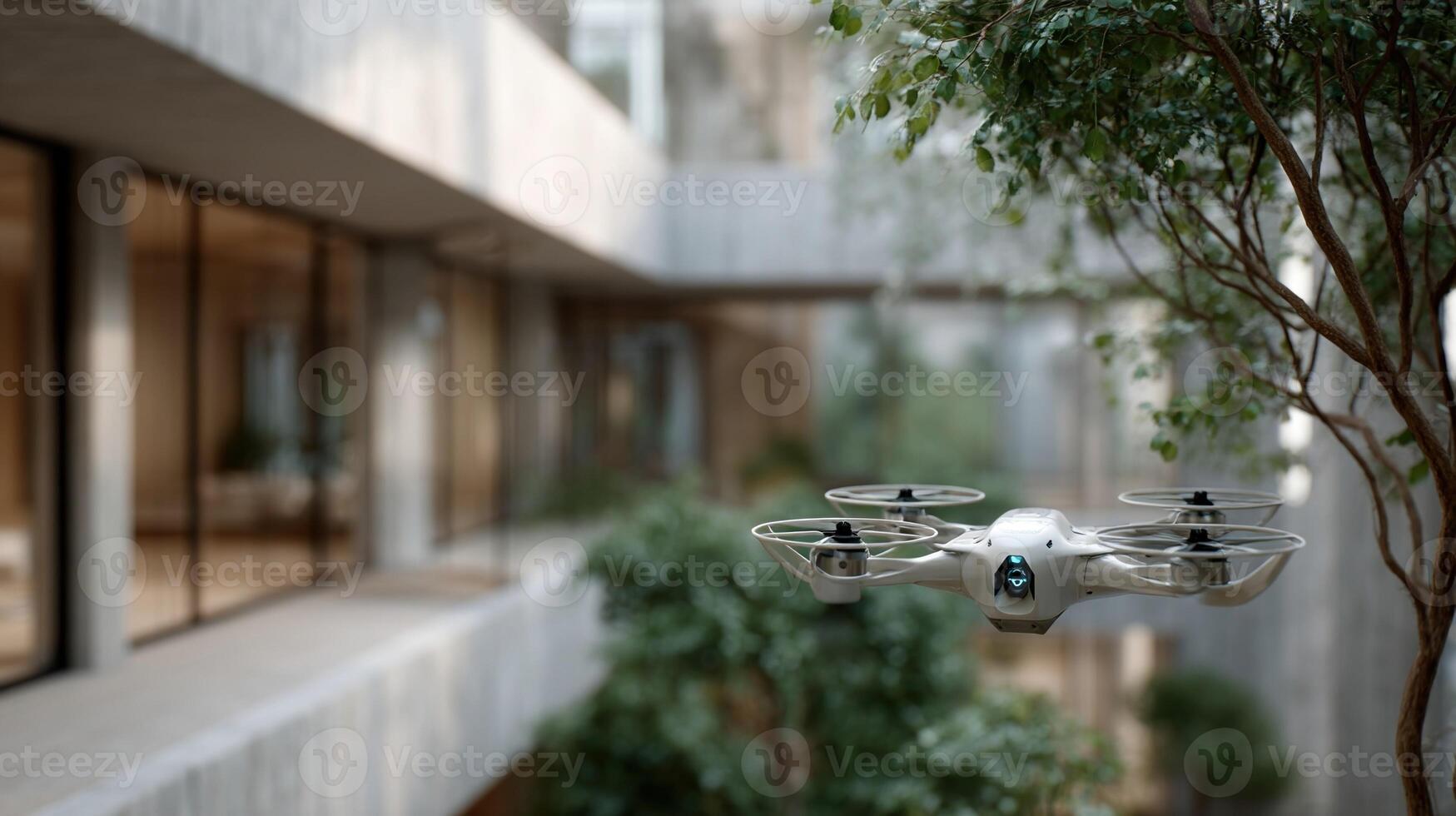 A futuristic drone designed for guardianship showcases its ability to differentiate between public and private areas by employing machine learning techniques maintaining a protectiv photo