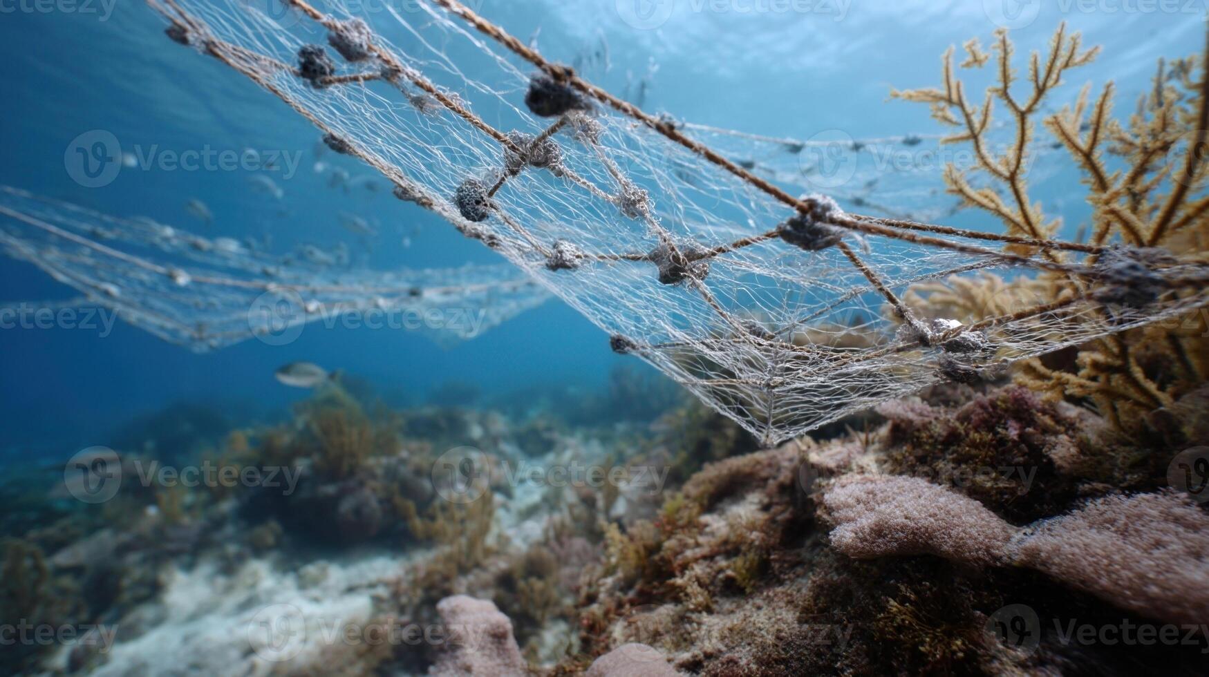 An intricate setup of underwater vision nets strategically p around a coral reef gathering visual data and environmental metrics with a focus on coral coloration and fish populatio photo