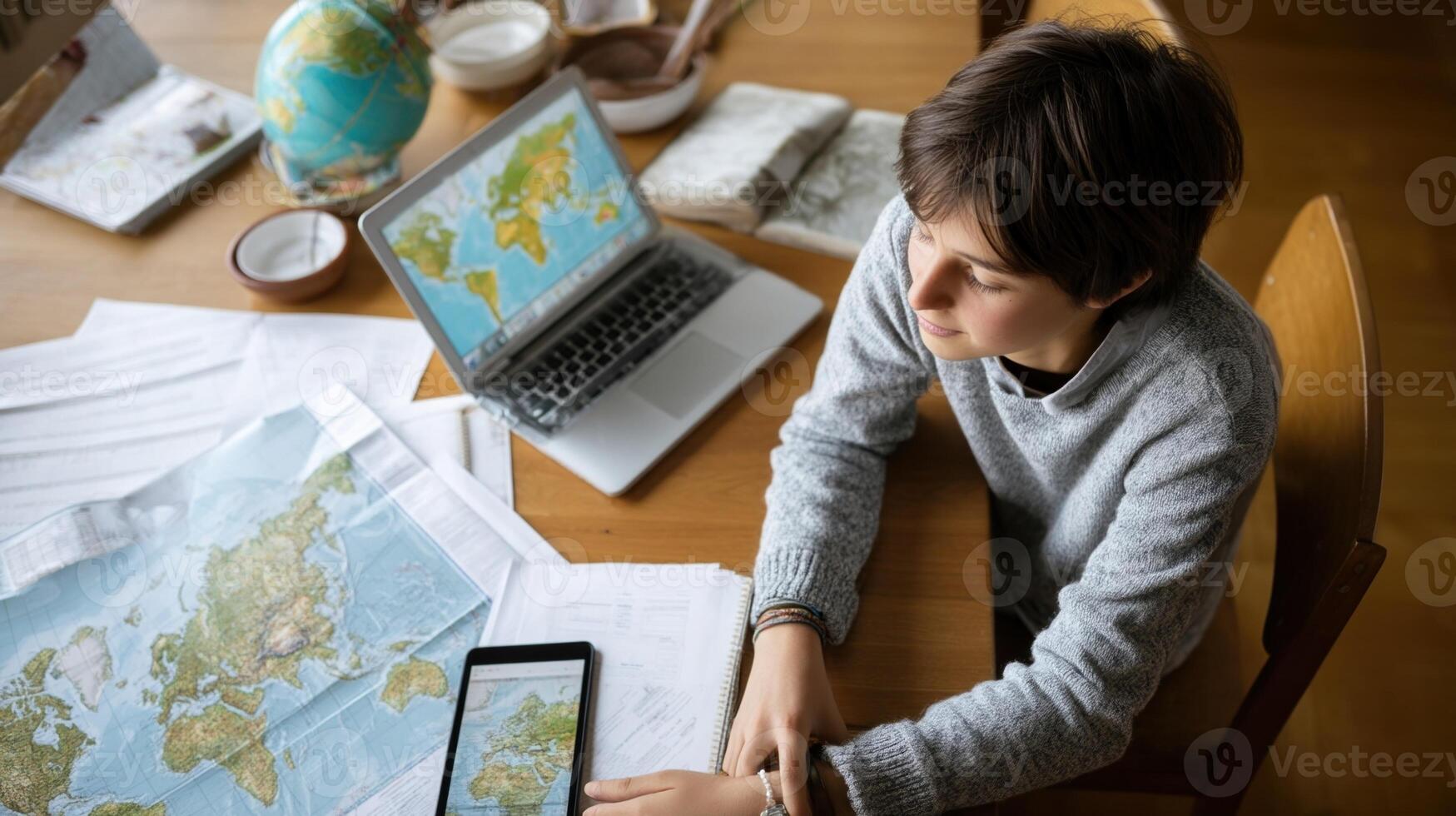 A teenager looking at a world map on a digital device planning a virtual geography project with research materials spread out on a table photo