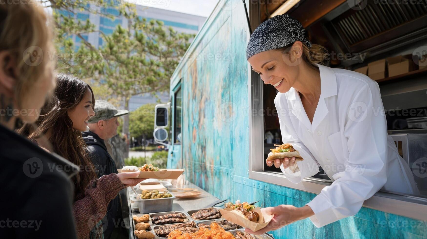 An outdoor food truck with a vibrant mural where a chef serves fresh street food to delighted customers standing in line while the aromas of grilled meats and es fill the air photo