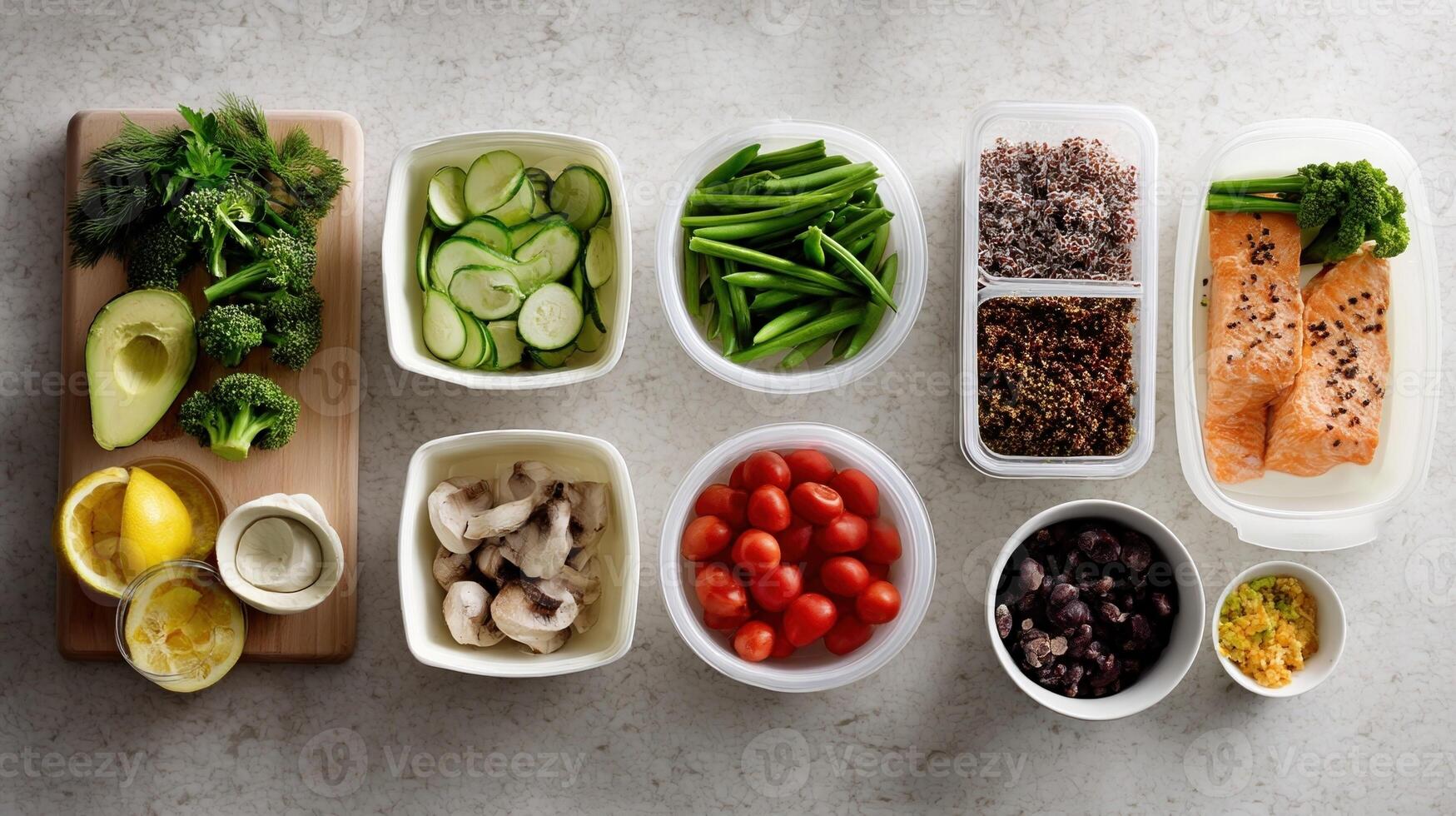 A series of steps laid out visually showing the process of meal prep chopping vegetables cooking proteins and assembling meals in containers all on a clean kitchen countertop photo