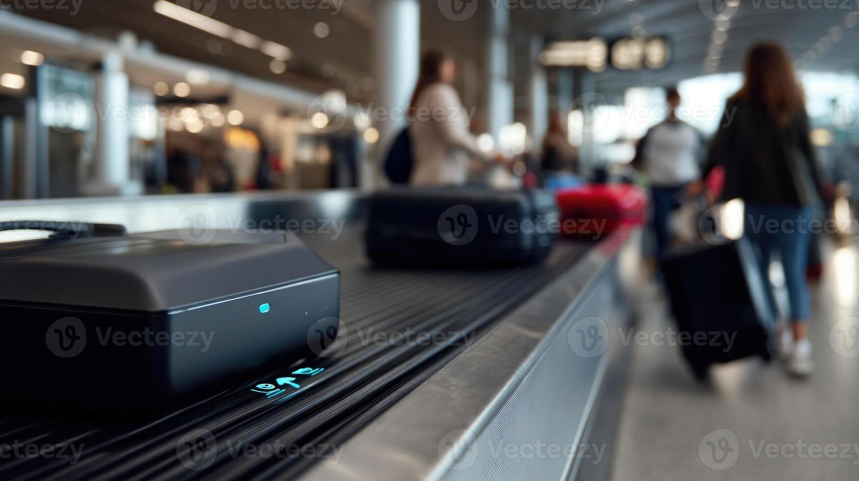 A modern suitcase with a touchsensitive interface for weight display and geolocation settings p on an airport conveyor belt with travelers picking up their bags in the background photo