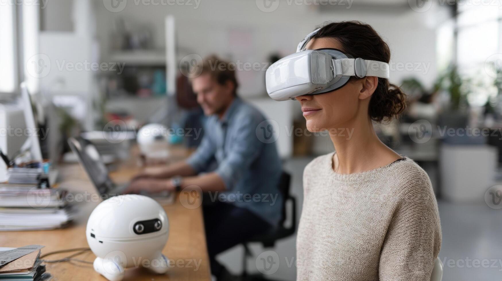 A futuristic office setting shows employees using virtual reality headsets to interact with droneoperated robots emphasizing the integration of advanced technology in business operations photo