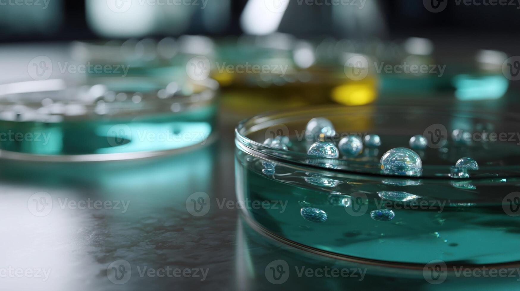 An artistic interpretation of the hydrogel microbeads in a laboratory setting featuring petri dishes filled with water emphasizing the beads interaction with liquid environments photo