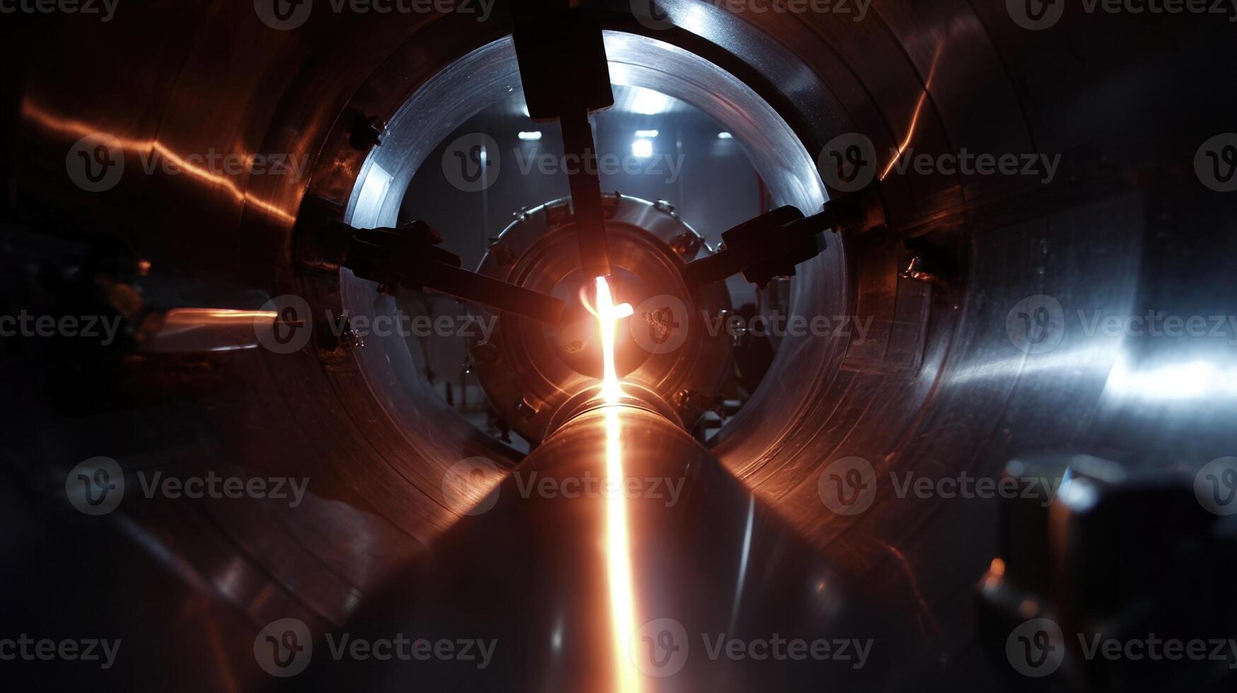 An interior view of a tokamak chamber emphasizing the smooth metallic surfaces advanced sensors and the brilliant swirling plasma glowing in the center illuminating the surroundings photo