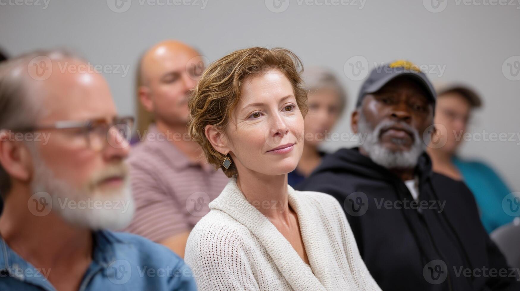 A collaborative scene featuring a diverse group of residents engaged in a community meeting discussing their experiences and concerns regarding the AGIs decisionmaking in neighborhoo photo