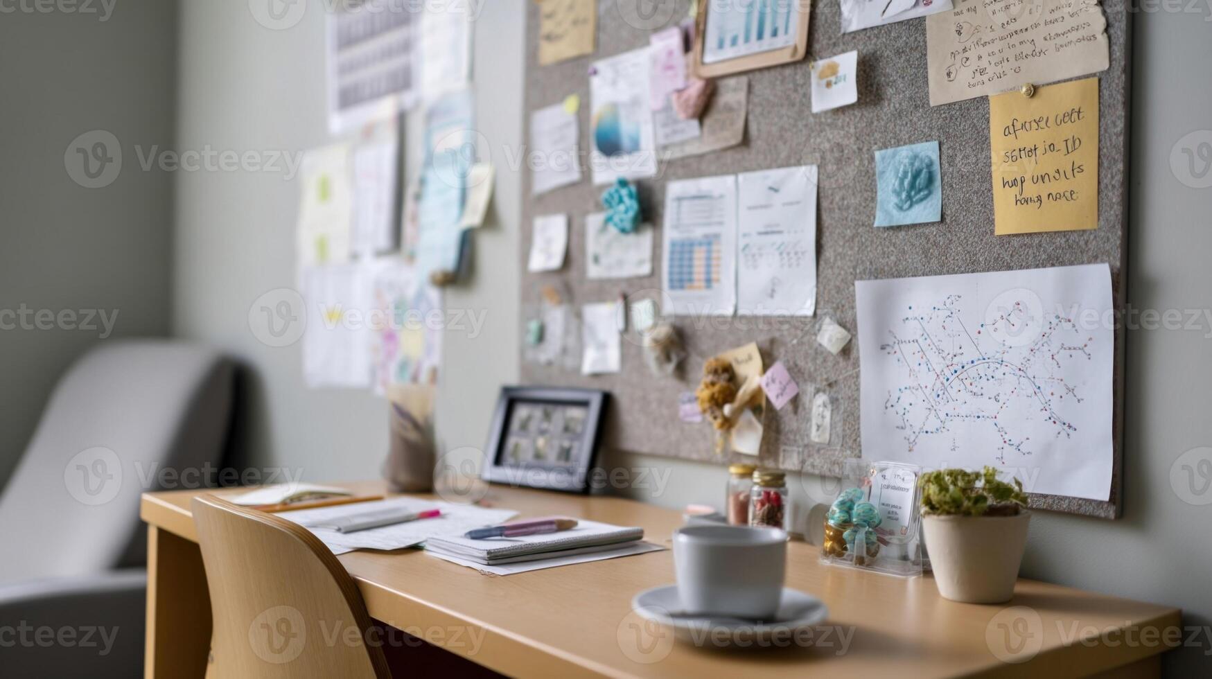 A desk adorned with motivational quotes pinned to a bulletin board alongside diagrams and charts related to the test topics photo