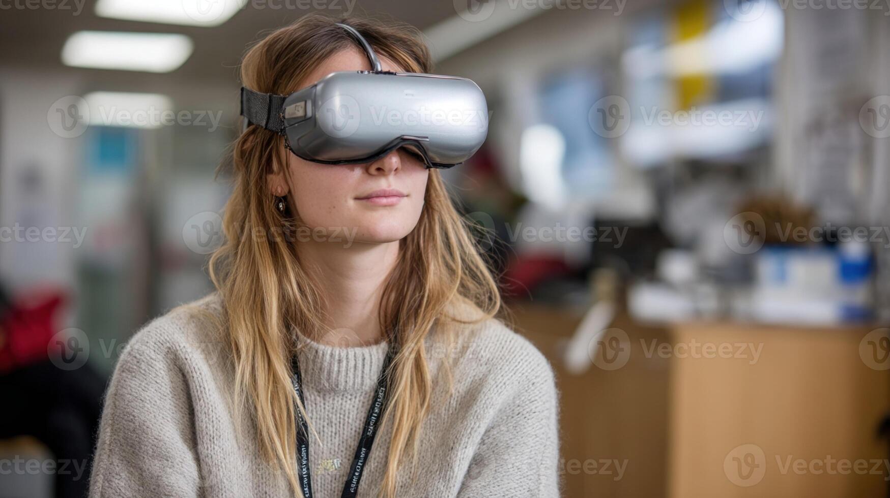 A virtual reality headset being worn by a learner who is interacting in a simulated environment demonstrating an innovative approach to immersive language practice photo