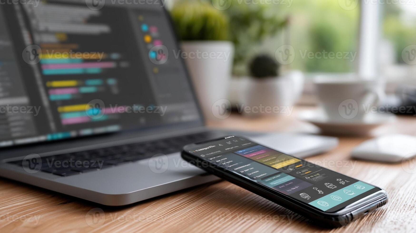 A mobile device displaying a colorful app interface with lines of code visible on a connected laptop in the background depicting the app development process photo