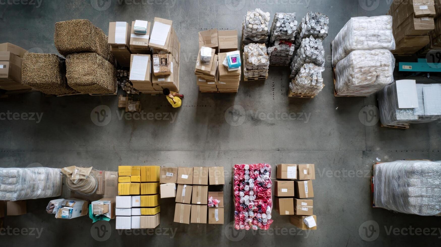 An aerial view of a busy warehouse filled with stacks of packages ready for shipment showcasing the logistics behind online orders photo