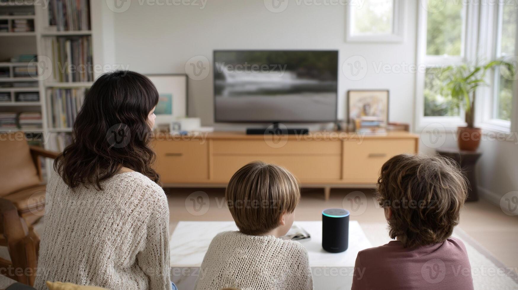 A family room showcasing a voiceactivated virtual assistant that responds to questions and plays music integrated into a soundbar photo
