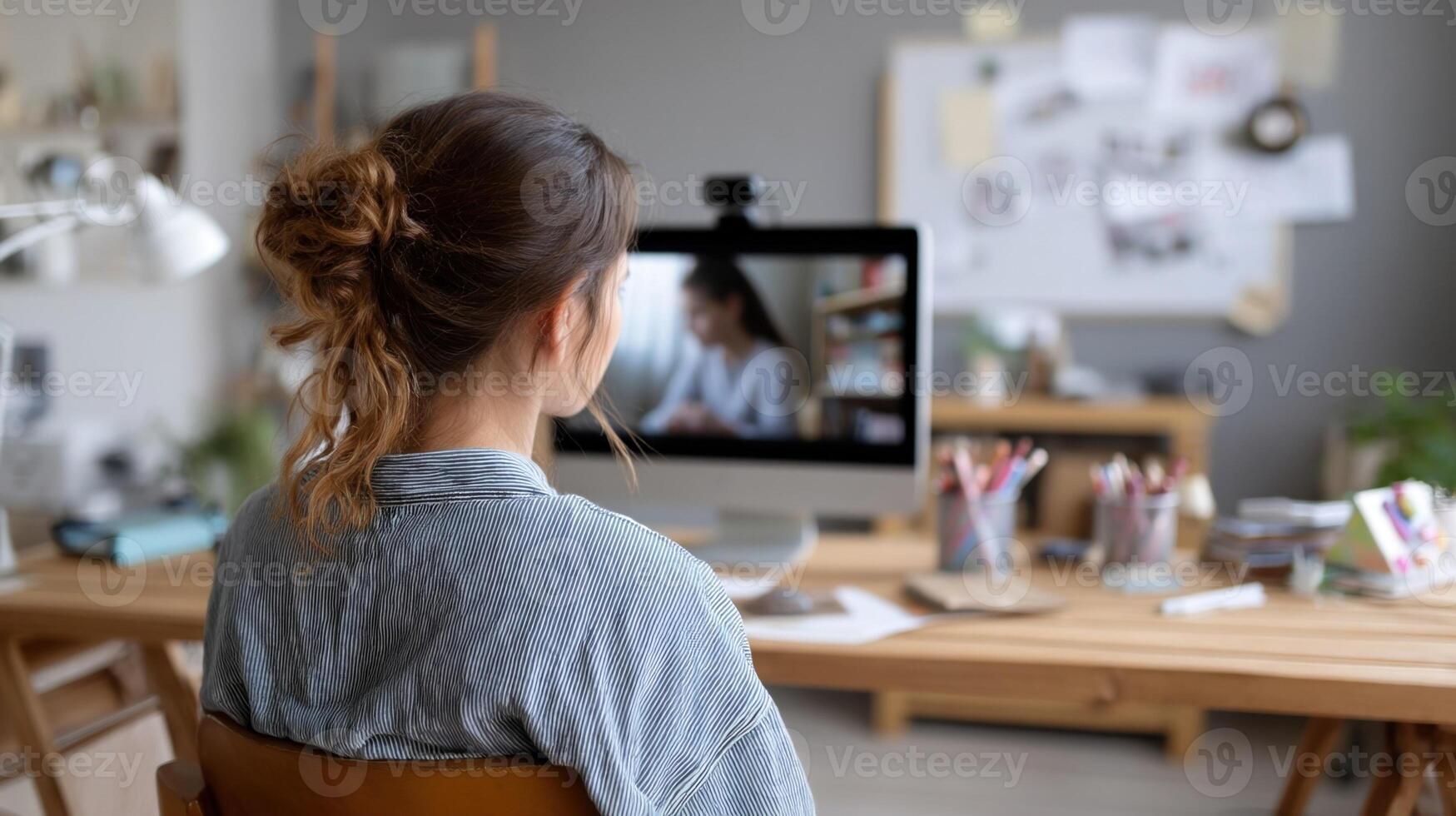 An educator conducting a virtual lesson from a home office using a webcam and whiteboard to engage remote students through a digital platform photo