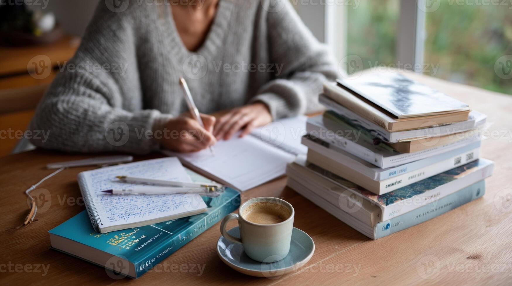 An individual sitting at a desk at home studying intently with a stack of textbooks a notebook filled with handwritten notes and a cup of coffee nearby photo