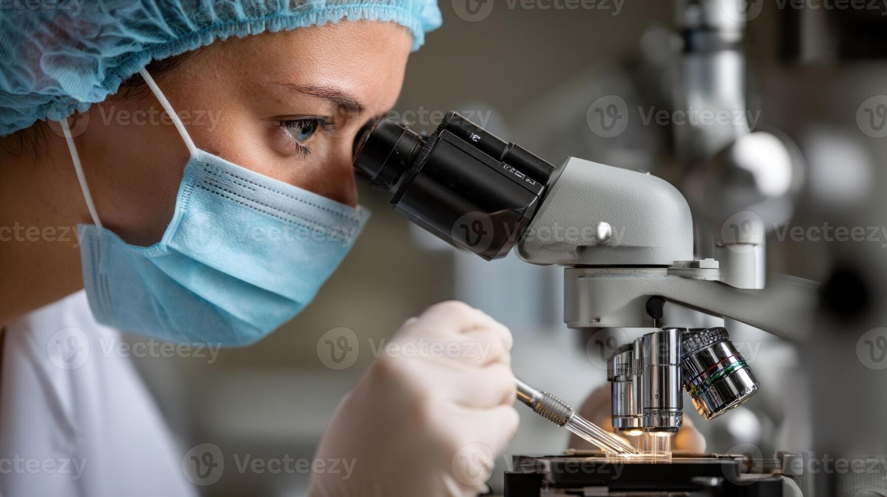 Scientist adjusting microscope focus and placing sample slide photo
