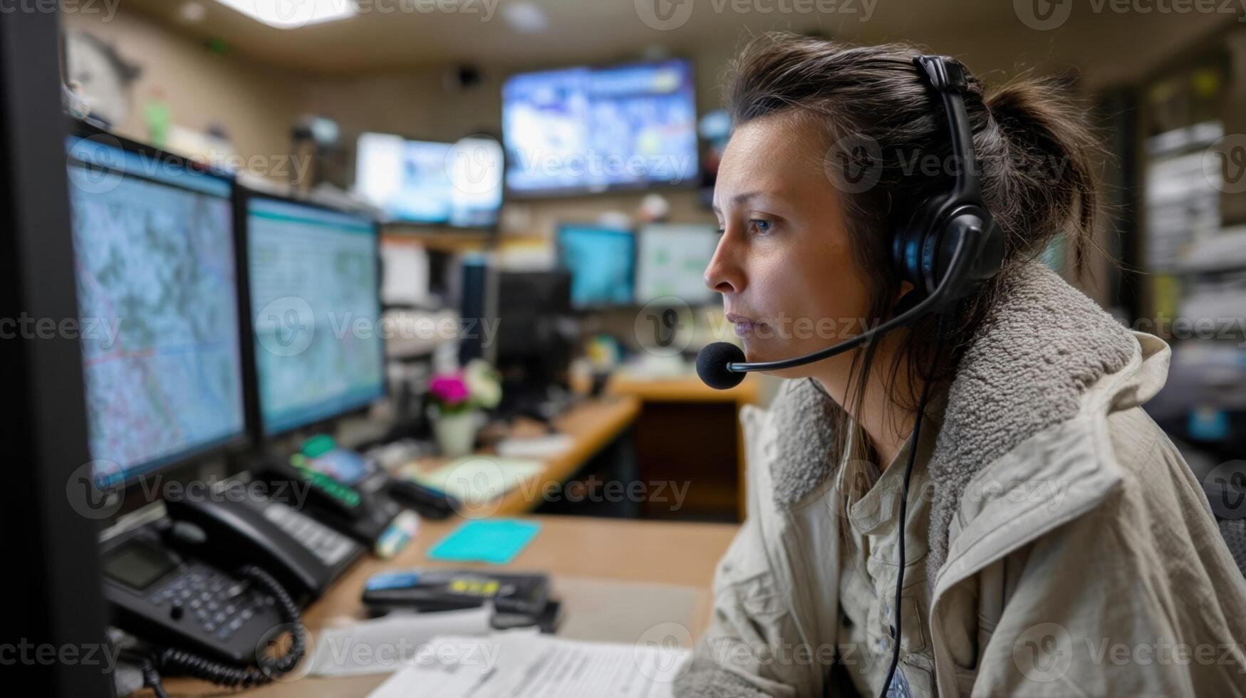 An emergency dispatcher at a control center intently monitoring multiple screens and communicating with responders via radio photo