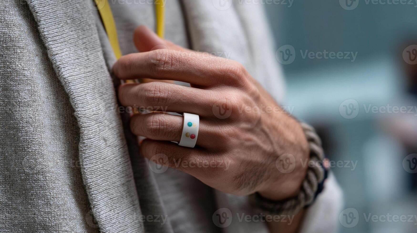 A colorful smart ring on a hand showcasing its minimalist design with a focus on the embedded sensors monitoring biometric data against a casual setting photo