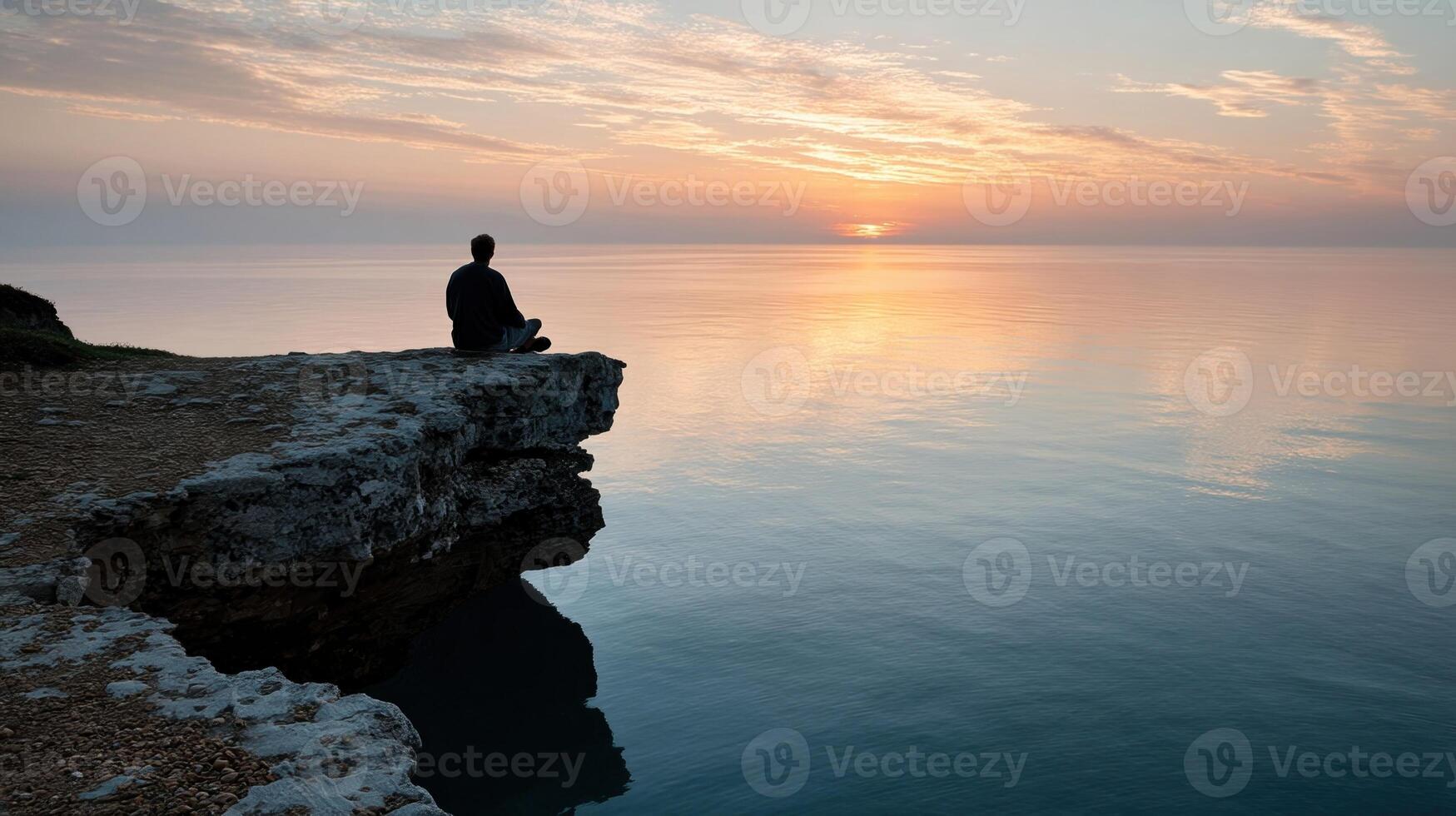 A silhouette of a person sitting on a cliff edge at sunset gazing out at a tranquil sea illustrating the theme of seeking clarity and peace within oneself photo