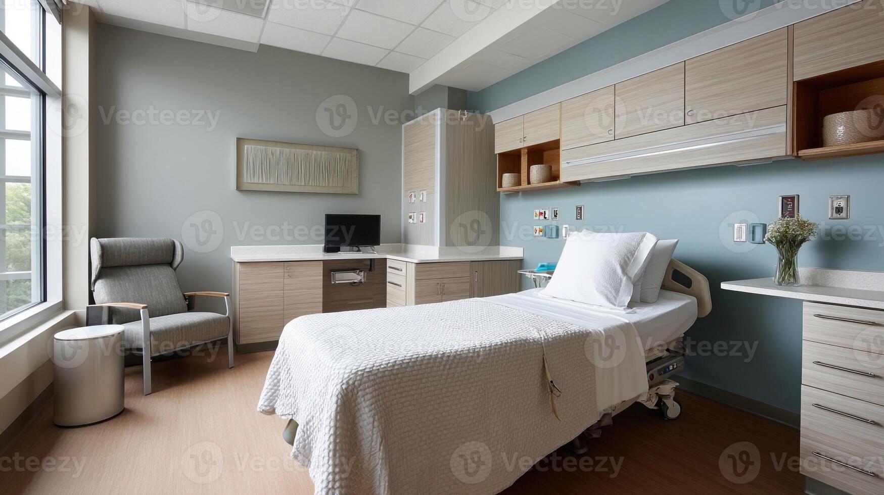 A smart bed in a patient room that automatically adjusts position for comfort and safety incorporates sensors to monitor patient movements and vital signs photo