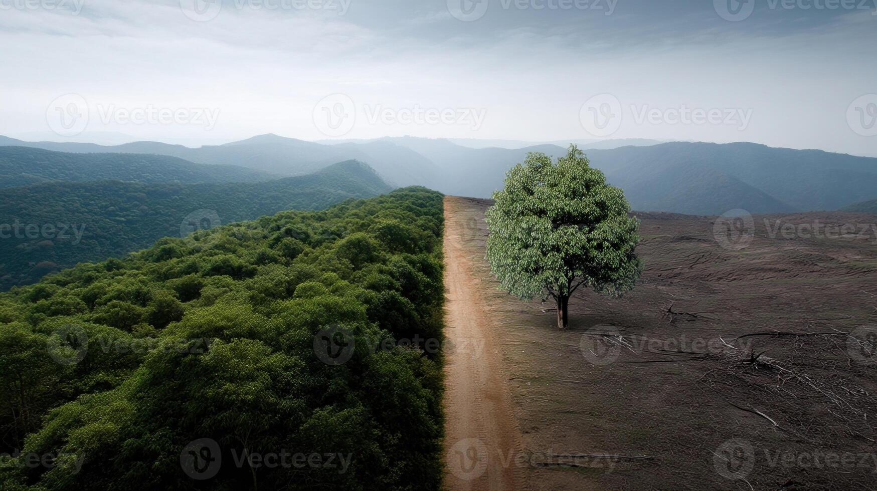 A striking contrast of two landscapes one thriving with rich greenery and healthy wildlife and the other barren and desolate depicting the potential future consequences of inactio photo