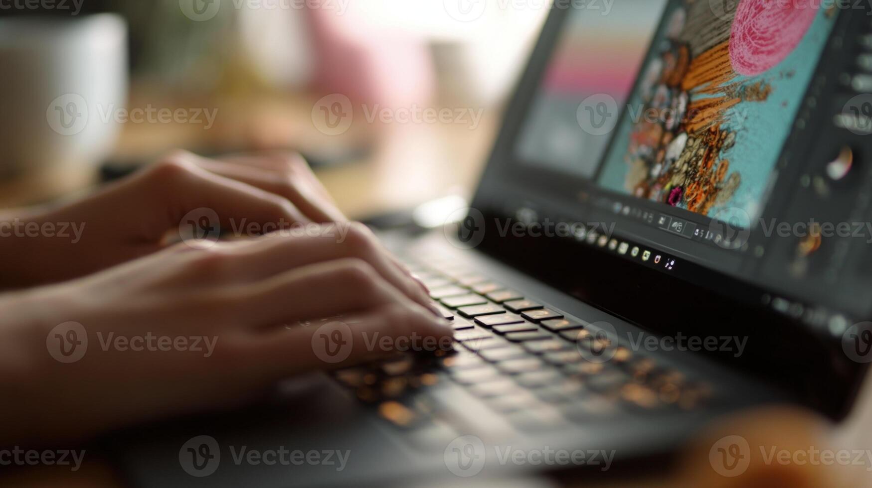 Graphic designer working on laptop keyboard editing photos