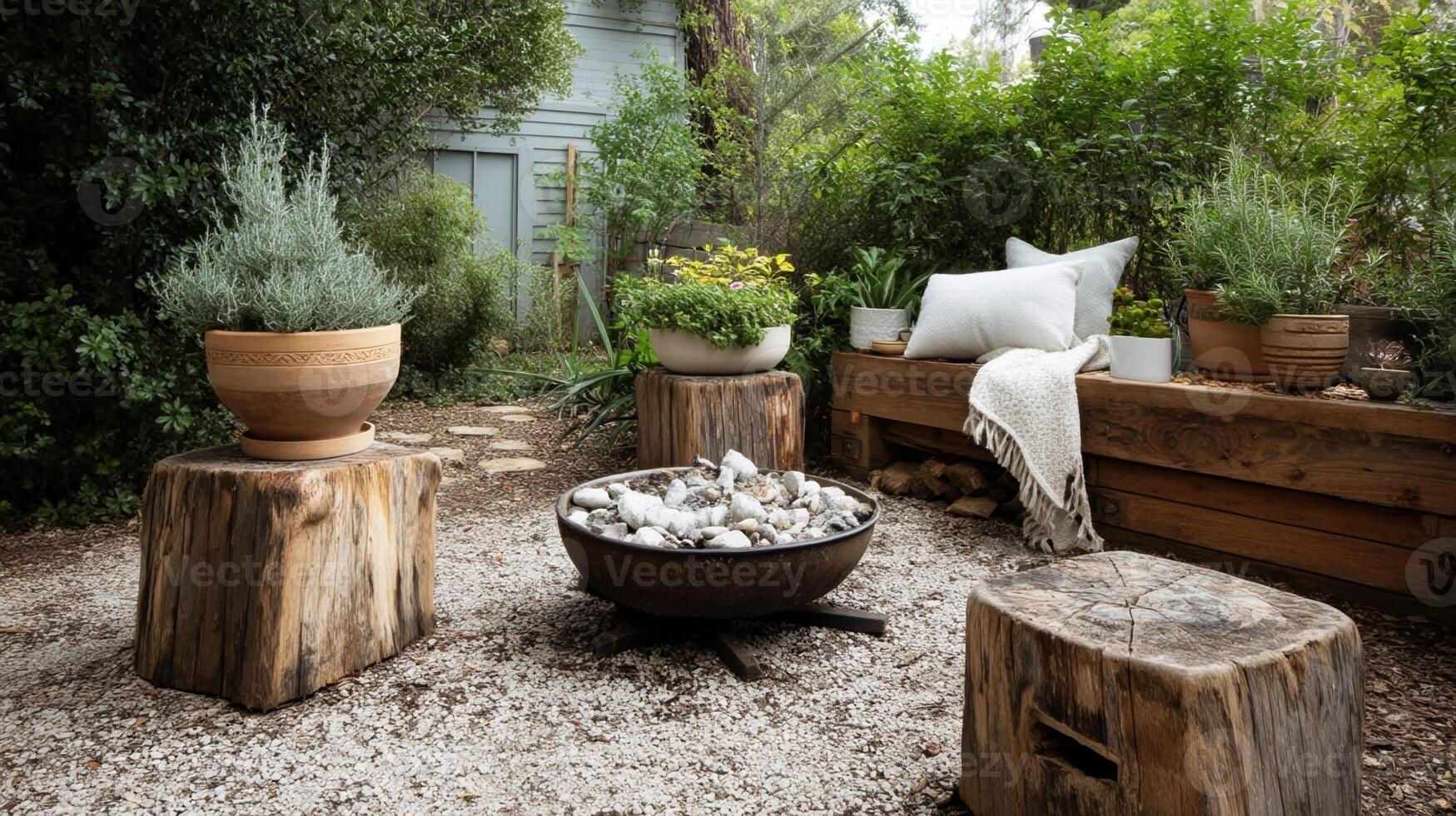 A cozy backyard space featuring a DIY fire pit surrounded by seating made from repurposed logs with potted plants adding a lush touch photo