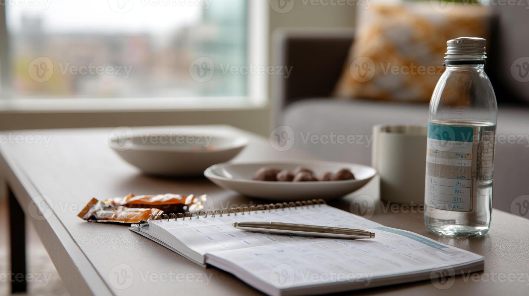Coffee table with open notebook, pen, water bottle, snacks and empty bowl in living room photo